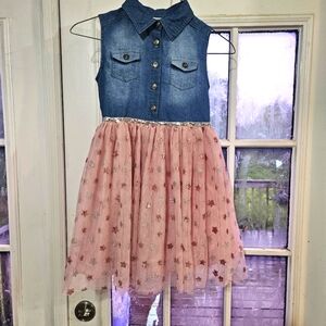 Beautiful Rare Editions Dress Sz 7 Blue Jean Top Drop Waist Pink Sparkly…